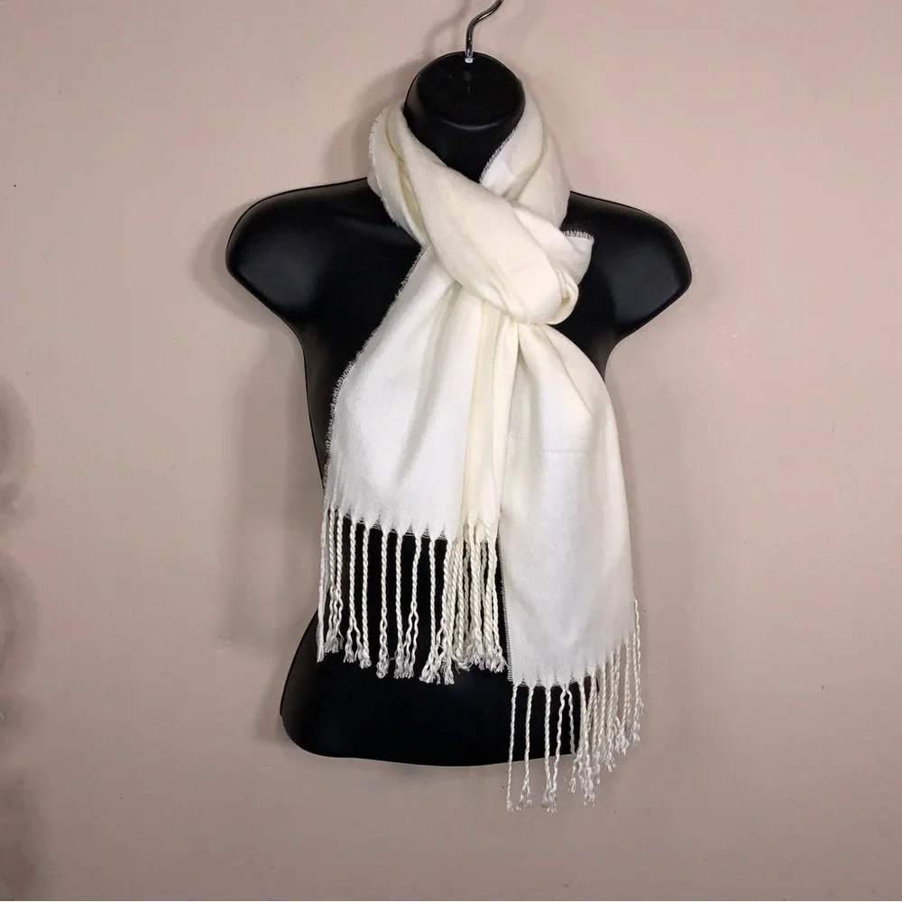 Soft Ivory Knit Scarf With Fringe Unisex Neutral